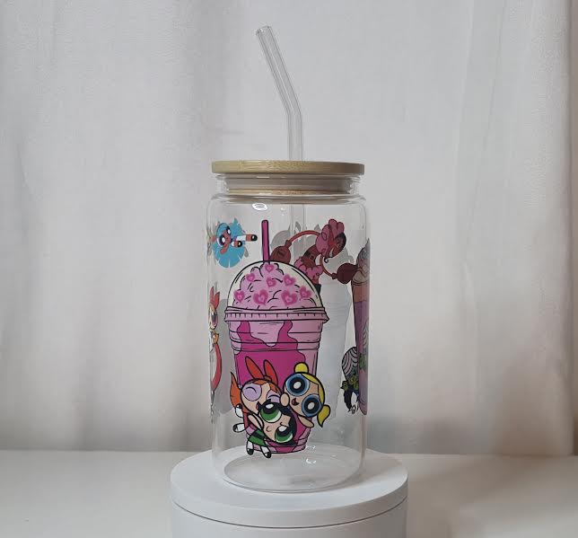 Powerpuff Girls Inspired Glass Cup | 16oz Aesthetic Cartoon Tumbler with Bamboo Lid & Straw | UV DTF Cute Cartoon Drinkware | Ready to Ship