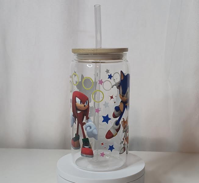 Sonic Glass Cup | 16oz Gamer Glass Tumbler with Bamboo Lid & Straw | Retro Gaming Cup | UV DTF Drinkware | Ready to Ship