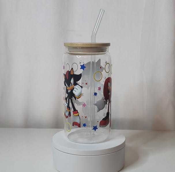 Sonic Glass Cup | 16oz Gamer Glass Tumbler with Bamboo Lid & Straw | Retro Gaming Cup | UV DTF Drinkware | Ready to Ship