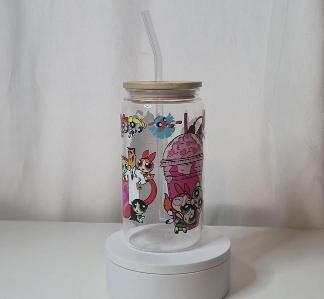Powerpuff Girls Inspired Glass Cup | 16oz Aesthetic Cartoon Tumbler with Bamboo Lid & Straw | UV DTF Cute Cartoon Drinkware | Ready to Ship