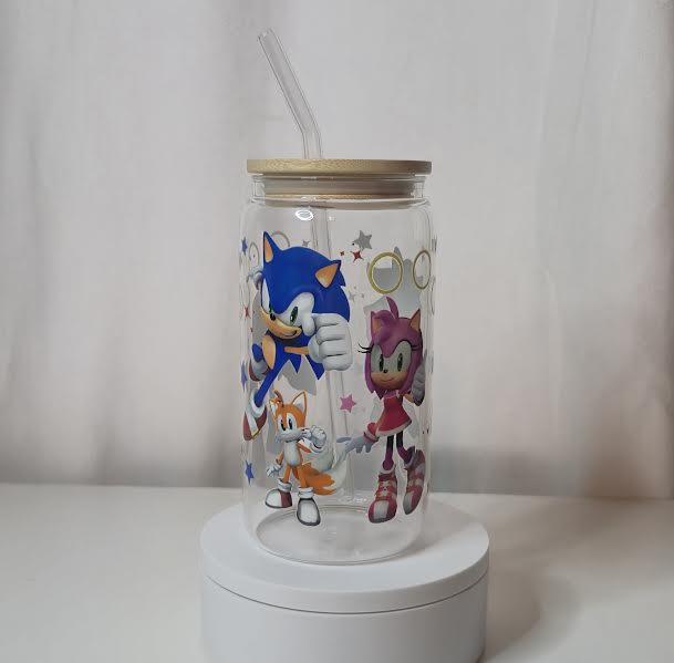 Sonic Glass Cup | 16oz Gamer Glass Tumbler with Bamboo Lid & Straw | Retro Gaming Cup | UV DTF Drinkware | Ready to Ship