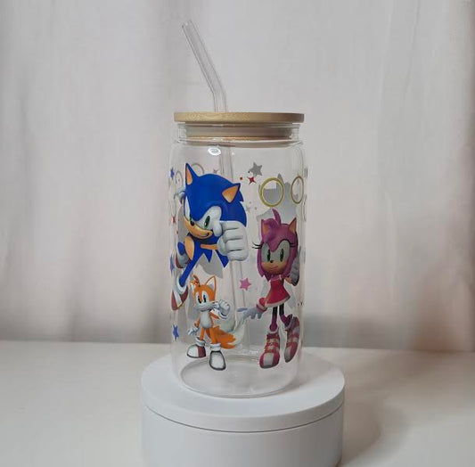 Sonic Glass Cup | 16oz Gamer Glass Tumbler with Bamboo Lid & Straw | Retro Gaming Cup | UV DTF Drinkware | Ready to Ship