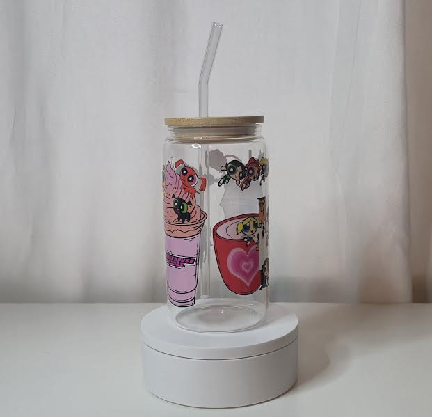 Powerpuff Girls Inspired Glass Cup | 16oz Aesthetic Cartoon Tumbler with Bamboo Lid & Straw | UV DTF Cute Cartoon Drinkware | Ready to Ship
