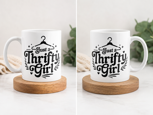 Just a Thrifty Girl 12oz Ceramic Coffee Mug – Funny Thrift Lover Gift Mug