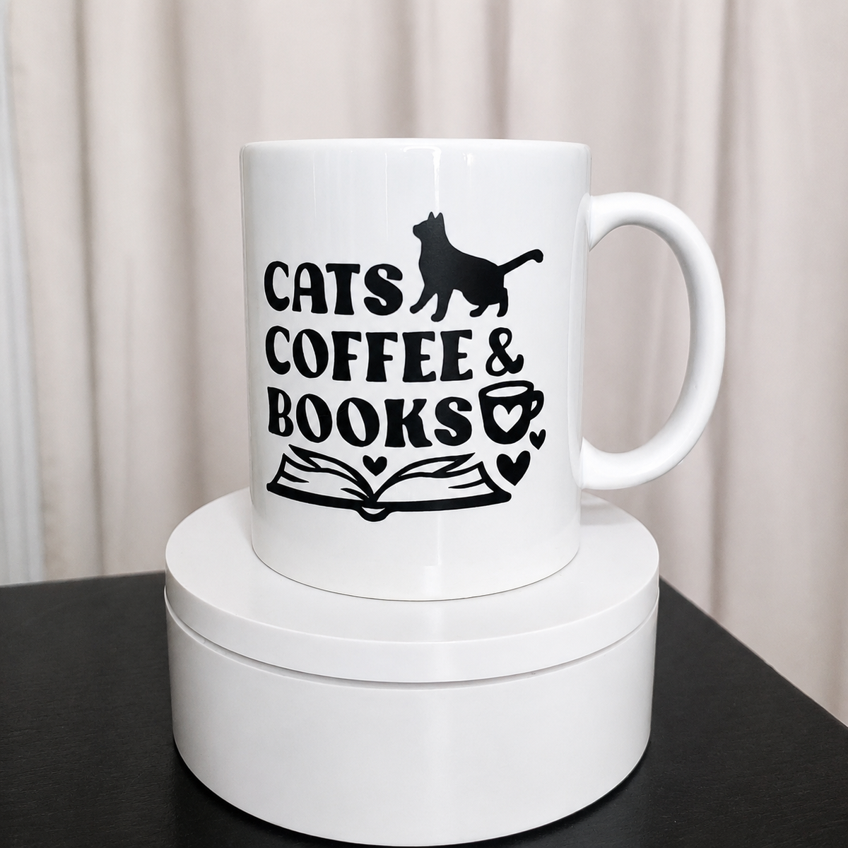 Cats Coffee & Books 12oz Ceramic Coffee Mug – Cat Lover Reading Mug Gift